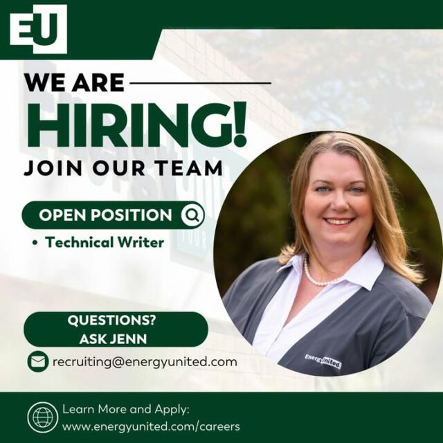 📢 𝗪𝗲 𝗔𝗿𝗲 𝗛𝗶𝗿𝗶𝗻𝗴! 📢
EnergyUnited is looking for a 𝗧𝗲𝗰𝗵𝗻𝗶𝗰𝗮𝗹 𝗪𝗿𝗶𝘁𝗲𝗿 to help power our cooperative. Questions? Ask Jenn or visit our website to learn more and 𝗮𝗽𝗽𝗹𝘆 𝘁𝗼𝗱𝗮𝘆 🔗 https://zurl.co/4gR4P
#AskJenn